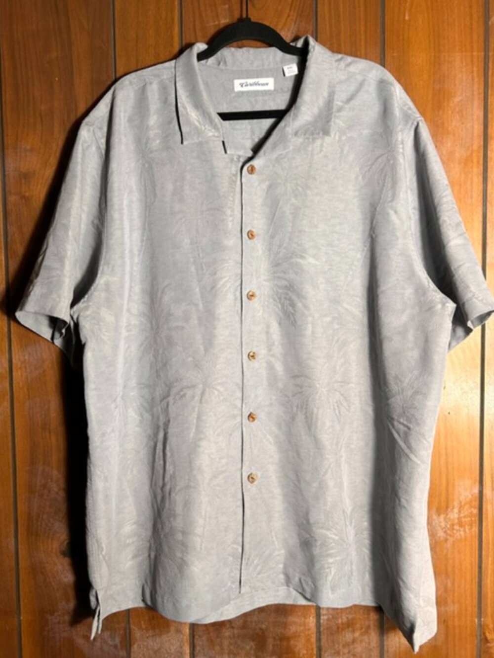 Caribbean Button Down Mens XXL Grey Casual Palm Tree Hawaiian Tropical Shirt EUC